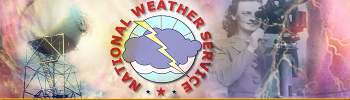 collage banner showing clouds, nws logo, lightning and women using meteorological equipment