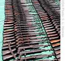 Rows of captured LTTE rifles on display at a Sri Lankan military base in Kilinochchi