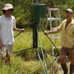 research staff installing a weather station and sensors