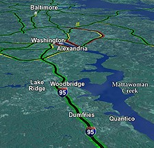 map indicating major traffic routes around the Washington DC area