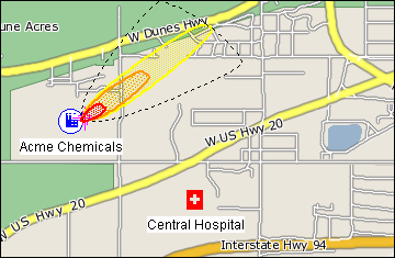 An ALOHA threat zone is displayed on a MARPLOT map that shows locations (such as a hospital) that may be impacted by the chemical release.