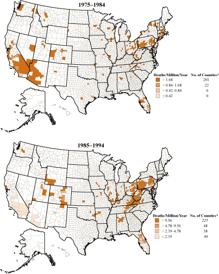 Figure 3-3a. Silicosis: Age-adjusted death rates by county, U.S. residents age 15 and over, 1975–1984 and 1985–1994