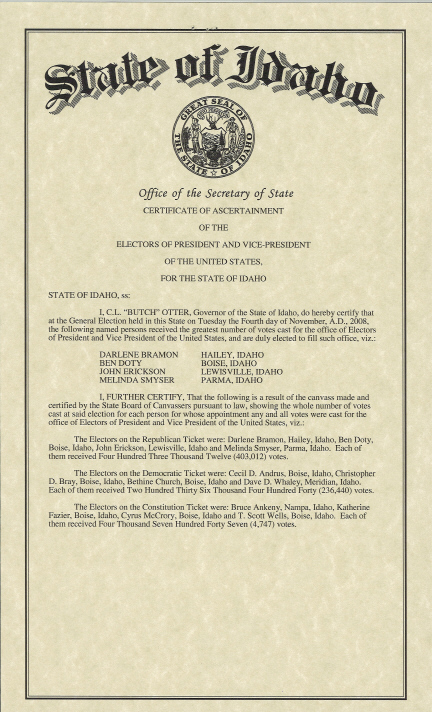 Idaho Certificate of Ascertainment, page 1 of 2