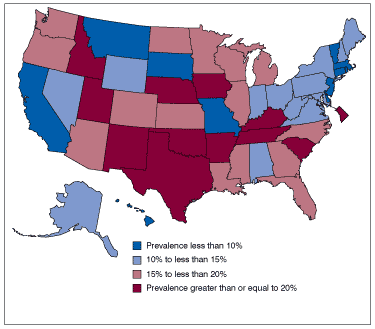 Figure 1 is a map of the United States that compares the modeled estimates of the percentage of wireless-only households across states.  The estimates presented are the same as those presented in the table.