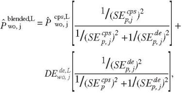 For this formula, let alpha be the inverse of the variance of the Direct Estimate. Let beta be the inverse of the variance of the Synthetic Estimate. And let Sigma be the sum of alpha and beta. Then the blended, overall lower-bound of the estimate of the proportion of a state’s households with cell phone only is found as the sum of two products: the first product is the lower-bound of the 95% confidence interval for the Direct Estimate multiplied by the ratio of alpha to sigma and the second product is the lower-bound of the 95% confidence interval for the Synthetic Estimate multiplied by the ratio of beta to sigma.