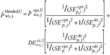 For this formula, let alpha be the inverse of the variance of the Direct Estimate. Let beta be the inverse of the variance of the Synthetic Estimate. And let Sigma be the sum of alpha and beta. Then the blended, overall upper-bound of the estimate of the proportion of a state’s households with cell phone only is found as the sum of two products: the first product is the upper-bound of the 95% confidence interval for the Direct Estimate multiplied by the ratio of alpha to sigma and the second product is the upper-bound of the 95% confidence interval for the Synthetic Estimate multiplied by the ratio of beta to sigma.