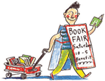 A boy with a lot of books and a book fair sign hanging on him.