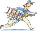 A handy man carrying a ladder, watering can, hammer and wood.