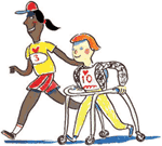 A woman and girl with a walker racing.