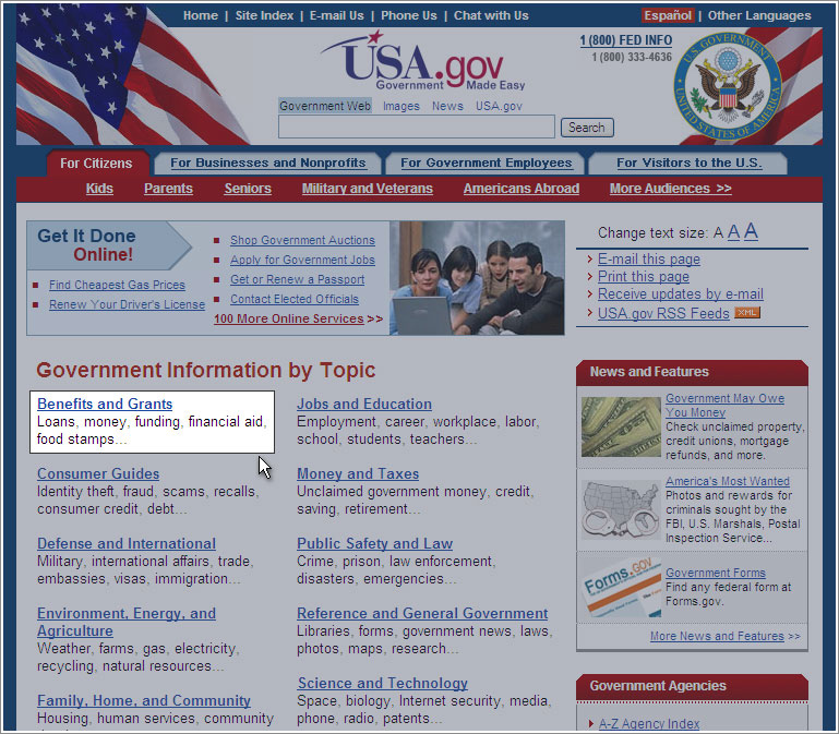 USA.gov homepage highlighting the Benefits and Grants link