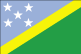 Solomon Islands flag is divided diagonally by a thin yellow stripe from the lower hoist-side corner; the upper triangle (hoist side) is blue with five white five-pointed stars arranged in an X pattern; the lower triangle is green.