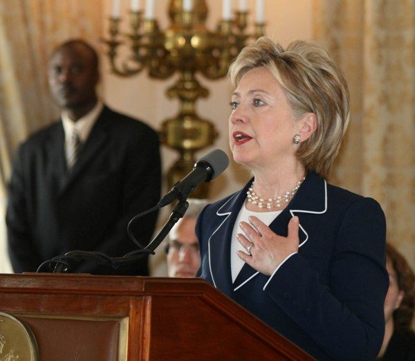 Secretary of State Hillary Rodham Clinton speaks at the National Palace in Port-au-Prince during a press conference, following a private meeting with the President of the Republic of Haiti, Rene Preval.
