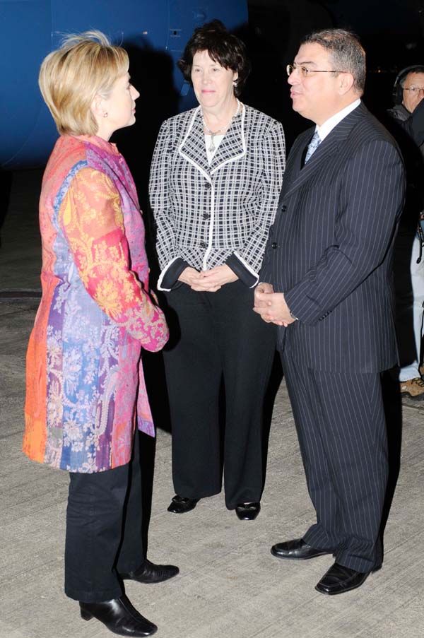 Secretary of State Hillary Rodham Clinton U.S. Ambassador to Egypt Margaret Scobey and Ambassador Ibrahim Hairat, Assistant Minister of Foreign Affairs and Chief of Protocol, Arab Republic of Egypt.