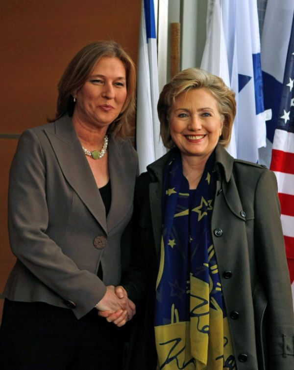Secretary Clinton shakes hand with Israeli Foreign Minister Tzipi Livn prior their meeting at the Foreign Ministry in Jerusalem, Tuesday, March 3, 2009. 