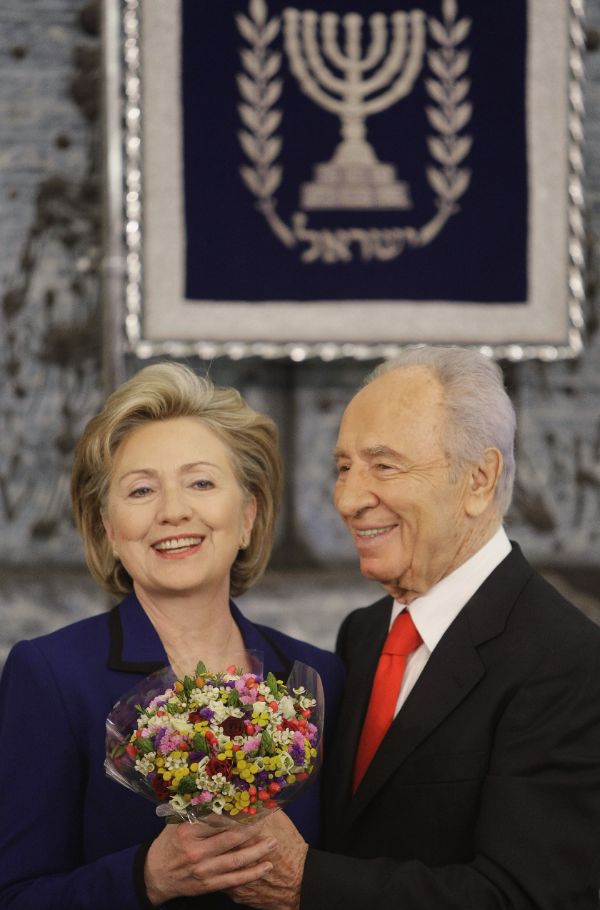 U.S. Secretary of State Hillary Rodham Clinton, left, meets with Israeli President Shimon Peres at his residence in Jerusalem, Tuesday, March 3, 2009. 