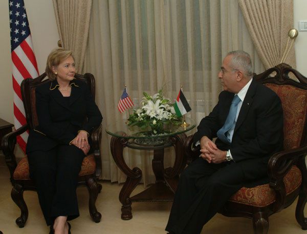 Secretary Clinton meets with Palestinian Prime Minister Salam Fayad at the Council of Ministers in Ramallah.