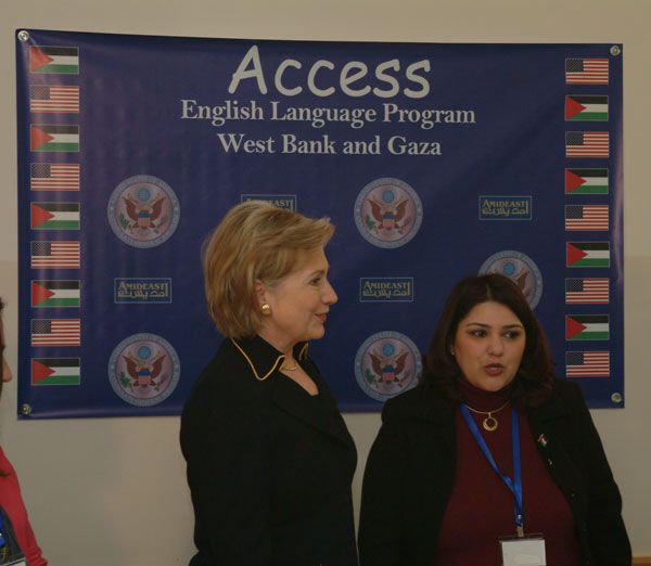 Secretary of State Hillary Rodham Clinton meets with students in an English language school in Ramallah, Wednesday, March 4, 2009.