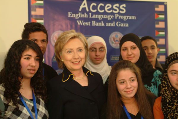 Secretary of State Hillary Rodham Clinton meets with students in an English language school in Ramallah, Wednesday, March 4, 2009