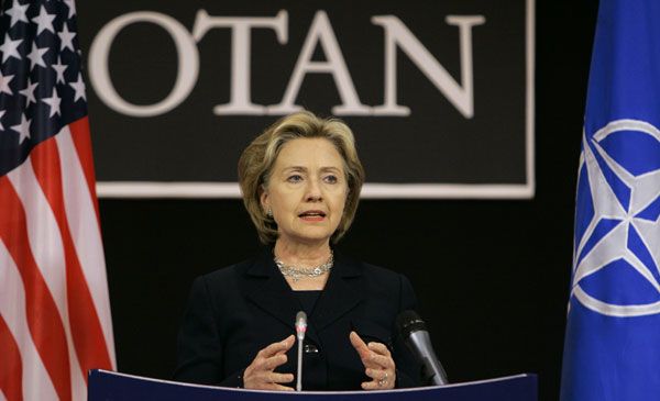 U.S. Secretary of State Hillary Rodham Clinton gestures while speaking during a media conference at a NATO foreign ministers meeting at NATO headquarters in Brussels, Thursday March 5, 2009. 