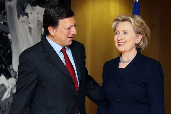 EU Commission President Jose Manuel Barroso, left, welcomes U.S. Secretary of State Hilary Rodham Clinton upon her arrival at the EU Commssion headquarters in Brussels, Thursday March 5, 2009. 