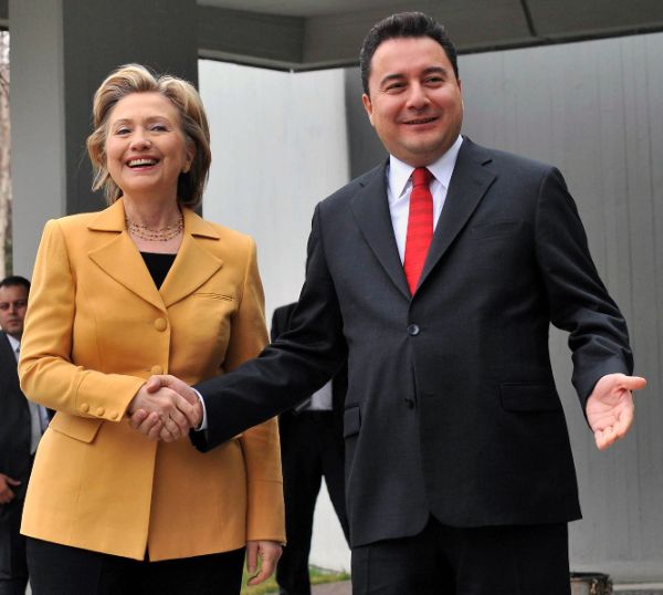 Secretary of State Hillary Rodham Clinton, left, and Turkish Foreign Minister Ali Babacan are seen on her arrival for a meeting in Ankara, Turkey, Saturday, March 7, 2009. 