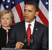 President Barack Obama, accompanied by Secretary of State Hillary Clinton, announces a new comprehensive strategy for Afghanistan and Pakistan, at the White House in Washington, 27 Mar 2009