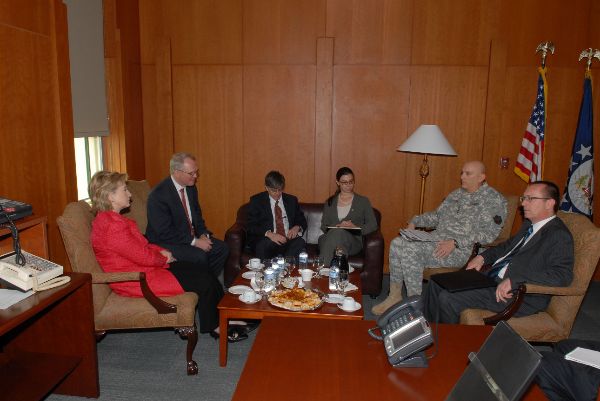 Shortly after arriving in Baghdad, U.S. Secretary of State Hillary Rodham Clinton received a briefing by Commanding General Ray Odierno. To her left, in the seated photo, is newly arrived U.S. Ambassador to Iraq Christopher R. Hill. Photo: Eric W. Brooks, U.S .Embassy Baghdad