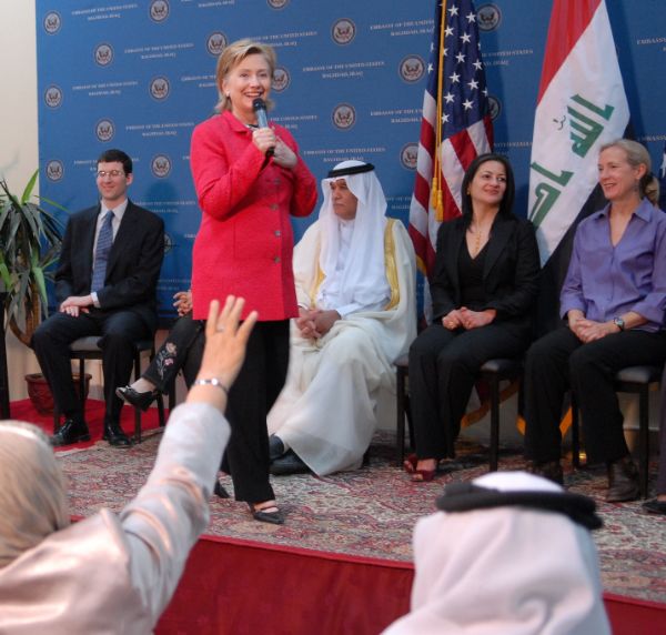 Secretary of State Hillary Rodham Clinton speaks at a Town Hall meeting in Baghdad, Iraq.