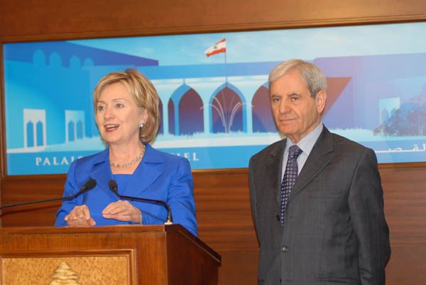 Secretary Clinton with Lebanese Foreign Minister Fawzi Salloukh at press availability.