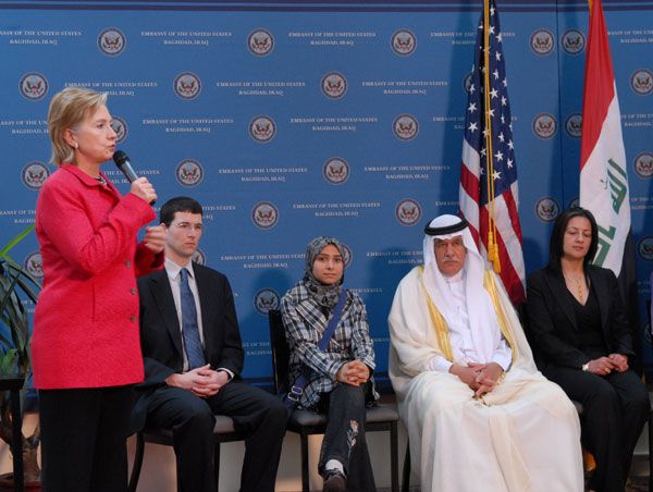While in Baghdad, U.S. Secretary of State Hillary Rodham Clinton held a town hall-style meeting with Iraqis and Provincial Reconstruction Team [PRT] staff, taking questions from the audience. 