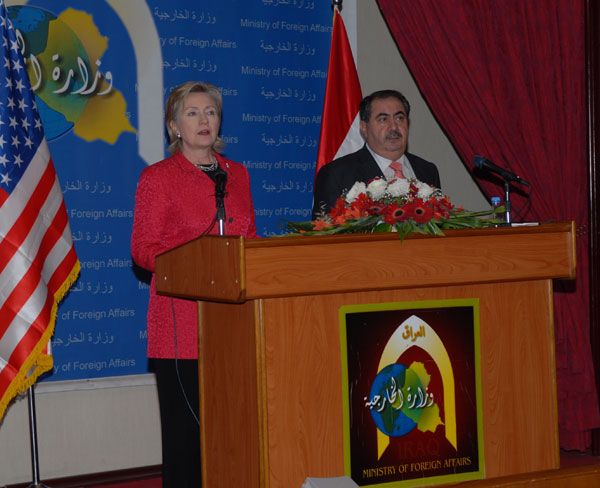 Secretary Clinton and Iraqi Foreign Minister Hoshyar Zebari at their joint press availability. Baghdad, Iraq.