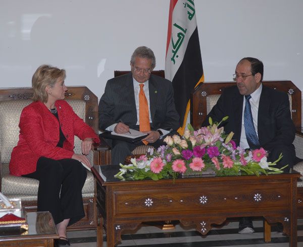 Secretary Clinton with Iraqi Prime Minister Nouri al-Maliki, Baghdad, Iraq.