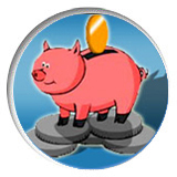Plinky the Pig standing on a pile of coins.
