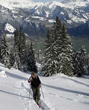 A skier climbs Zweierspitze Mountain near Mastrils, Switzerland, December 11, 2006. [© AP Images]