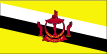 Flag of Brunei is yellow with two diagonal bands of white (top) and black starting from the upper hoist side; the national emblem in red is superimposed at the center; the emblem includes a swallow-tailed flag on top of a winged column within an upturned crescent above a scroll and flanked by two upraised hands.