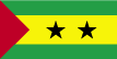 Flag of Sao Tome and Principe is three horizontal bands of green (top), yellow (double width), and green with two black five-pointed stars placed side by side in the center of the yellow band and a red isosceles triangle based on the hoist side.