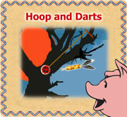 A dart heading for a hoop tied to a tree under the words Hoop and Darts as Plinky looks on.