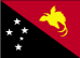 Papua New Guinea flag is divided diagonally from upper hoist-side corner; the upper triangle is red with a soaring yellow bird of paradise centered; the lower triangle is black with five, white, five-pointed stars of the Southern Cross constellation centered.