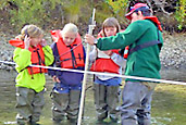 Pictures of young kids finding out how to measure streamflow. 