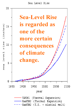 Chart showing sea level rise (in inches) between 1850 to 2100