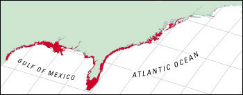 Map showing areas of the Gulf Coast and East Coast of the U.S. that would be flooded by rising sea levels