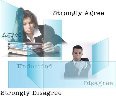 Unhappy female office worker with a stack of papers; a man with his thumb facing down; Strongly Agree, Agree, Undecided, Disagree, Strongly Disagree