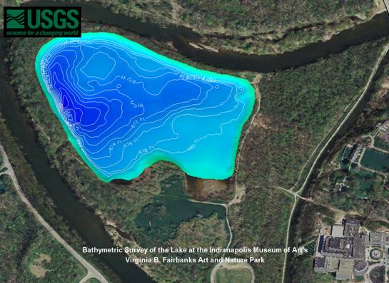 Depth (bathymetric) map of the Lake at the IMA Virginia B. Fairbanks Art and Nature Park.