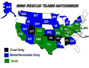 Map Indicating Locations of Mine Rescue Teams