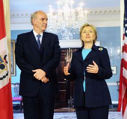 Date: 04/06/2009 Description: Secretary Clinton with Peruvian Foreign Minister Jose Antonio Garcia Belaunde before their meeting. State Dept Photo