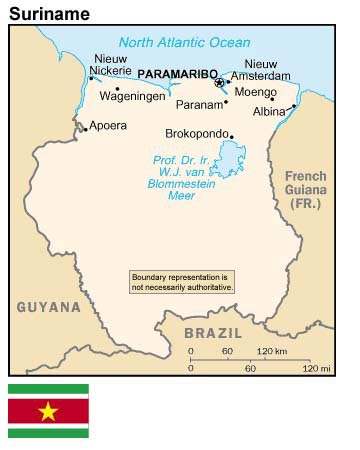 Map and flag of Suriname.