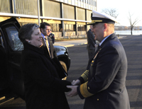 Secretary Napolitano is greeted by Coast Guard Commandant Adm. Allen as she arrives at Coast Guard Headquarters. (U.S. Coast Guard photo/PA2 Dan Bender)