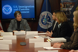 Secretary Napolitano meets with senior leadership from U.S. Immigration and Customs Enforcement. Pictured are Secretary Napolitano; Acting Assistant Secretary John Torres; Marcy Forman, Director Office of Investigations; and Susan Lane, Director Office of Intelligence. (ICE Photo/Caffrey)