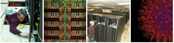 A composite of four images illustrating the Lab's involvement in nuclear deterrence, plutonium research, supercomputing