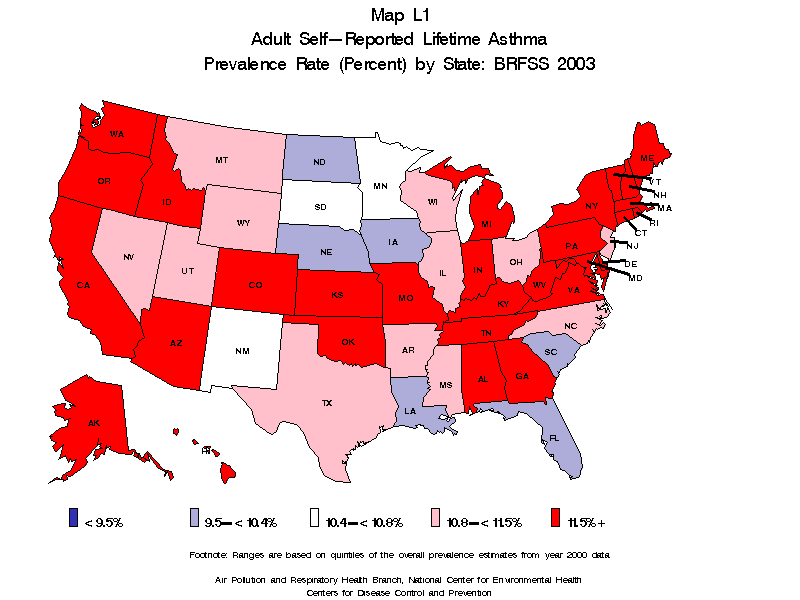 Map L1 (color) - Adult Self-Reported Lifetime Asthma Prevalance Rate (Percent) by State: BRFSS 2003